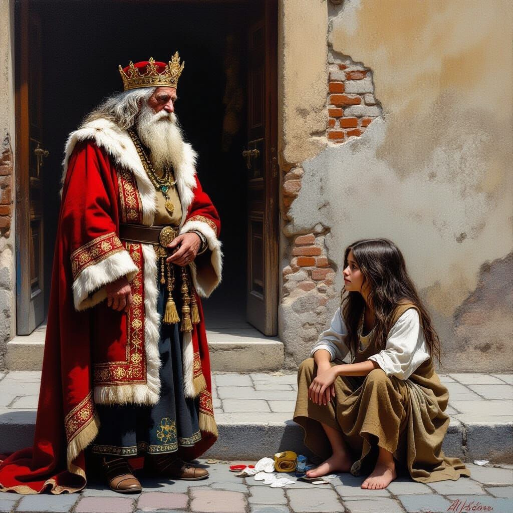King Meets Beggar in Airbrushed Oil Painting