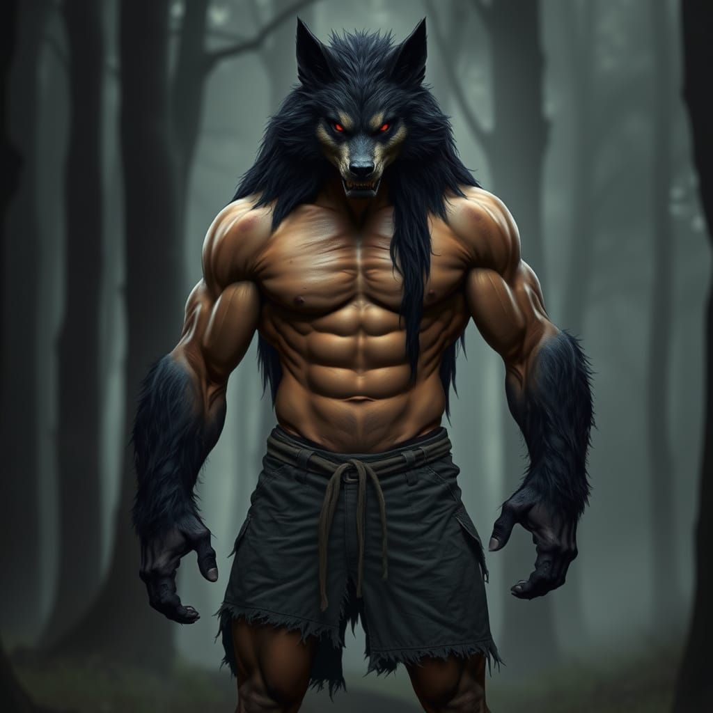 Muscular Wolf-Like Creature Emerges from Misty Forest in Dar...