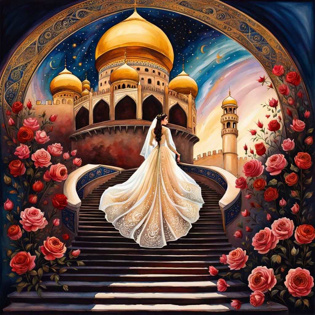 Bride Ascending to Citadel in Watercolor and Ink