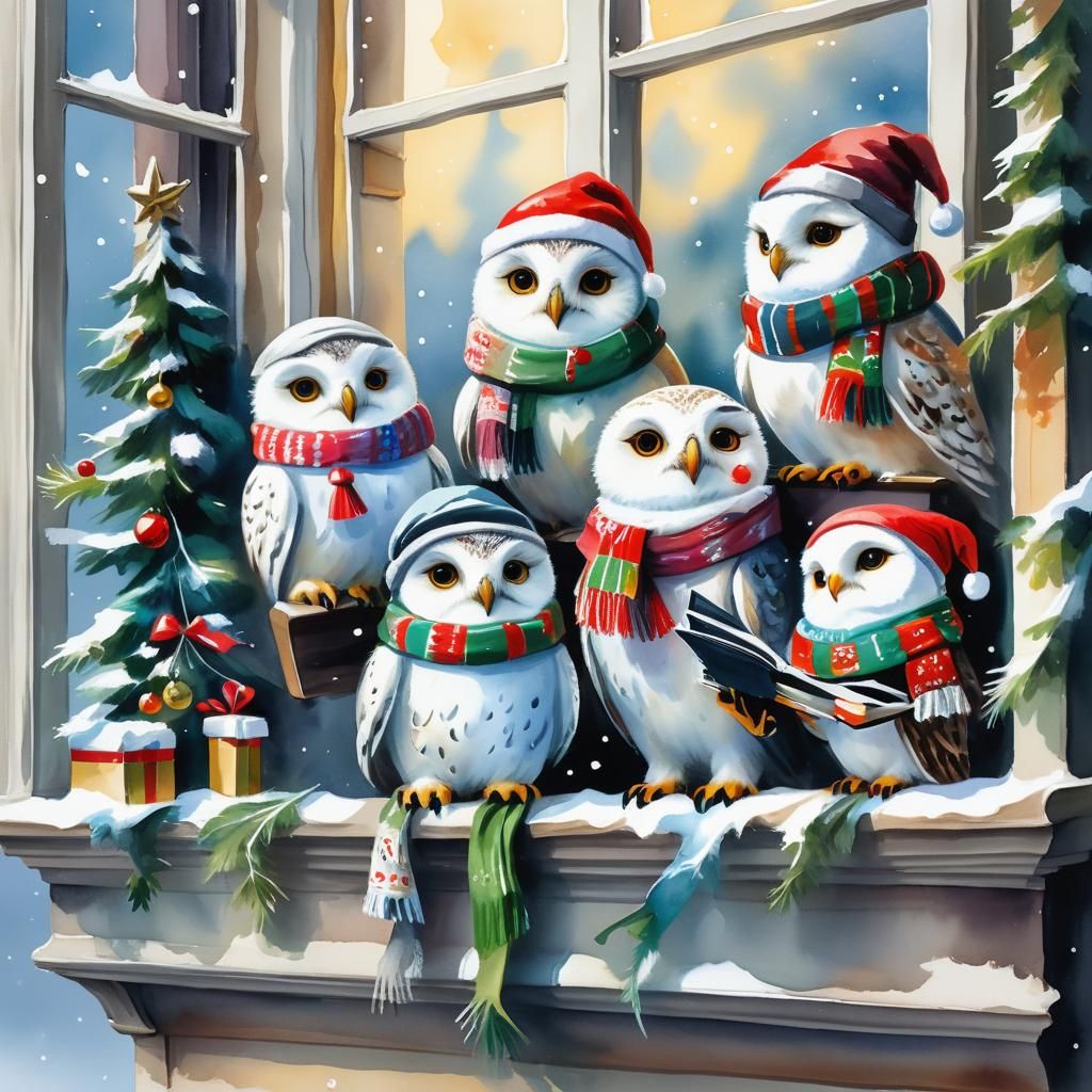 Cute Baby Owls Sing Carols: Gouache Watercolor Style