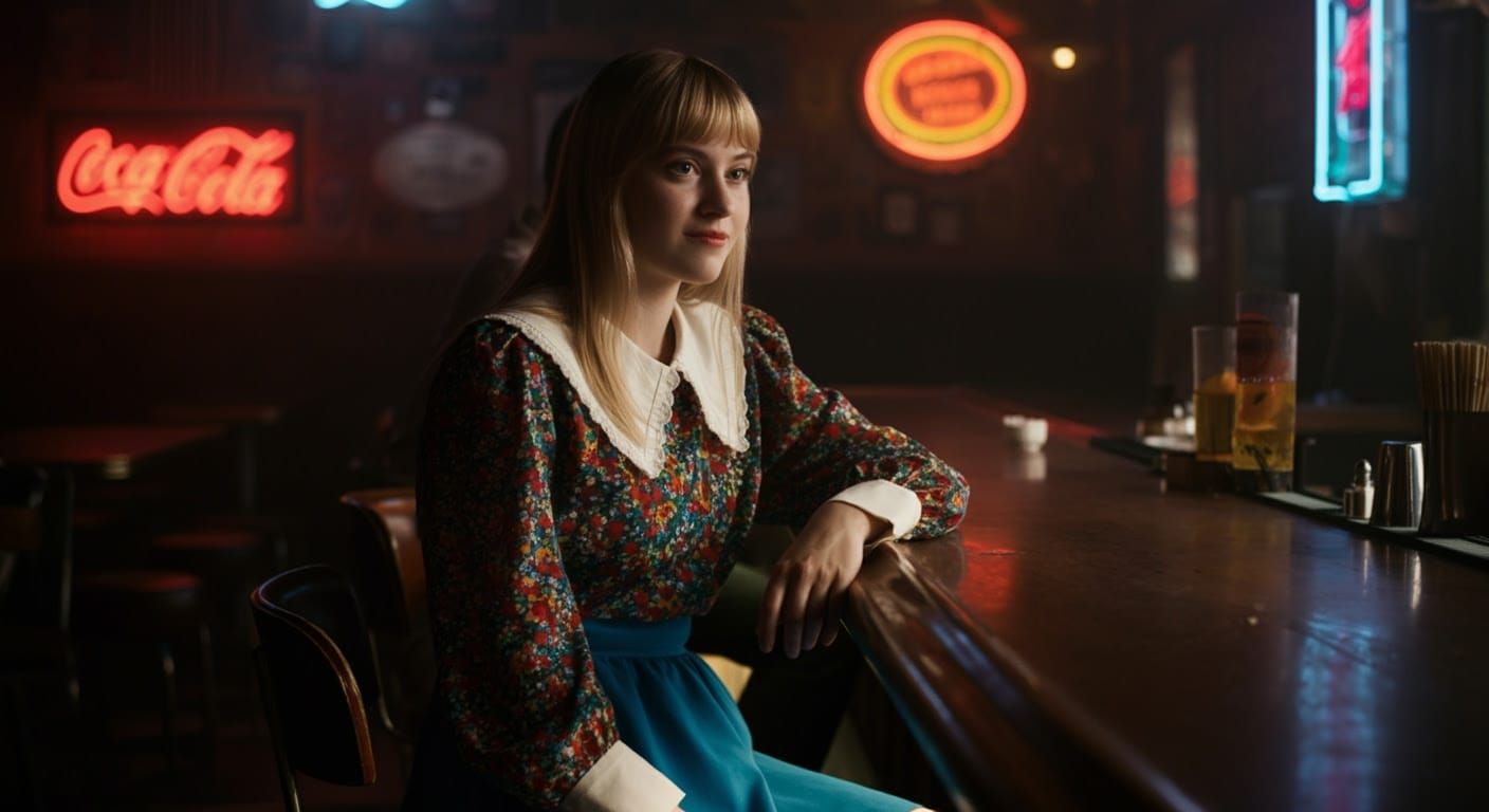 Young Woman Lost in Thought at Vintage Bar