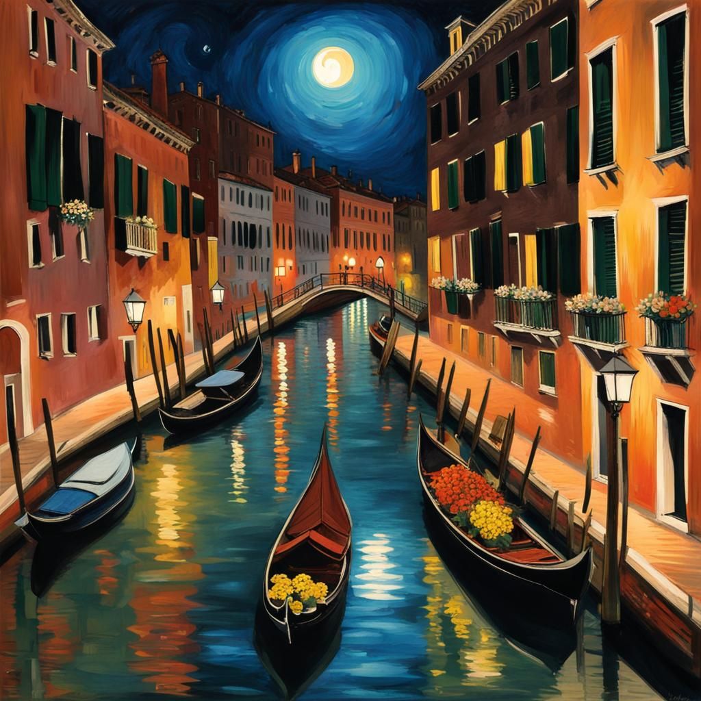 Venice's Grand Canal at Night in Van Gogh Style