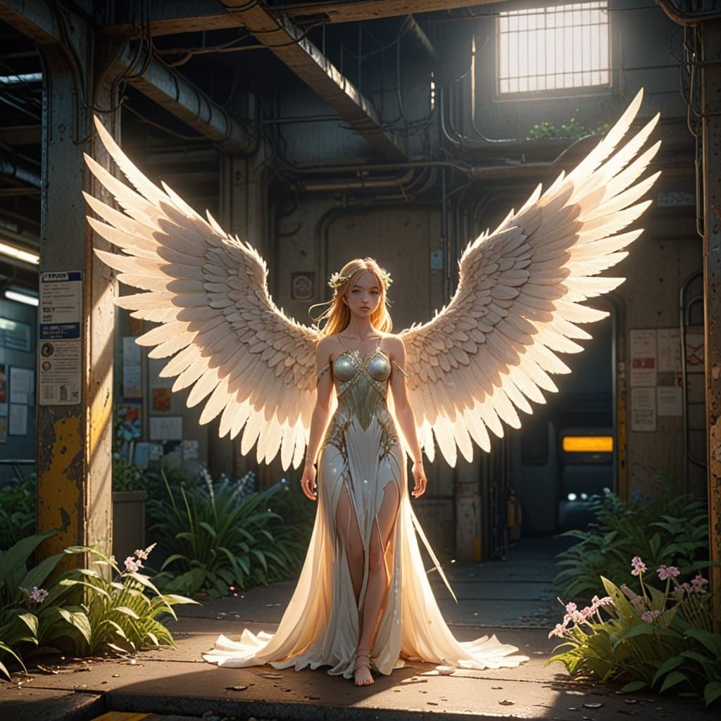 Angel Descends into Overgrown Subway in Anime Style