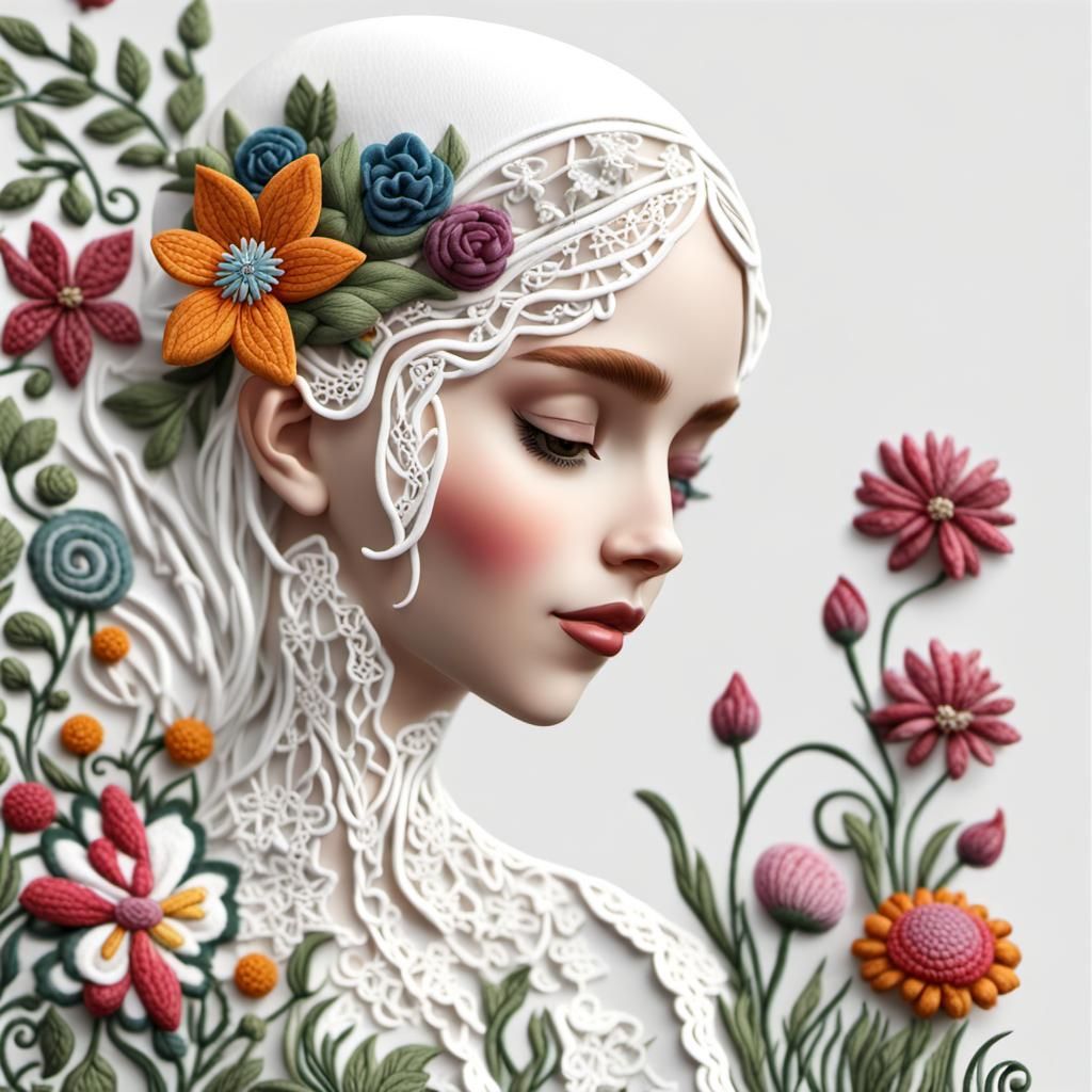 Elf and Fantasy Flowers in Lace Embroidery