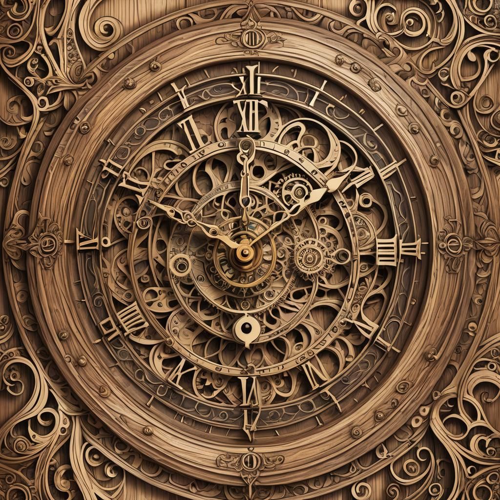 Antique Clock on Wooden Table with Abstract Fractals