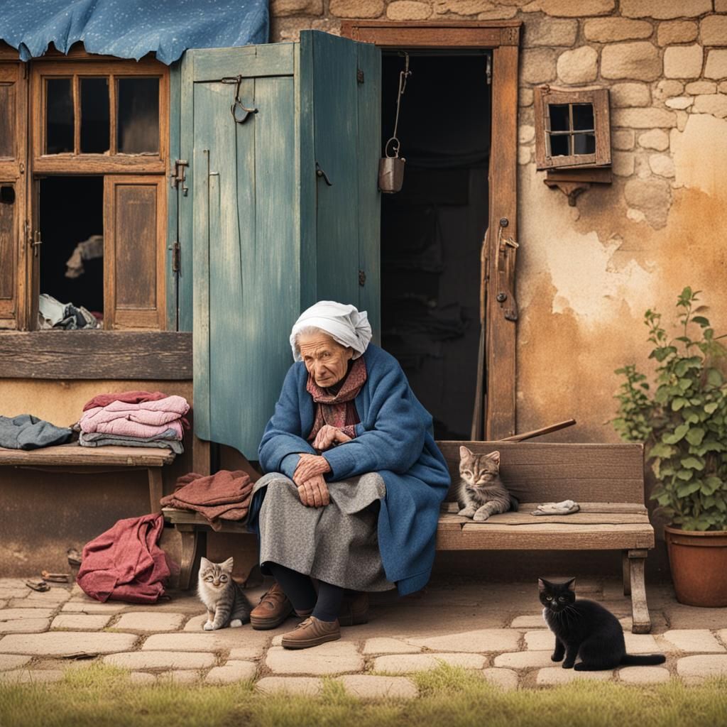 Old Woman with Kitten Outside Broken House