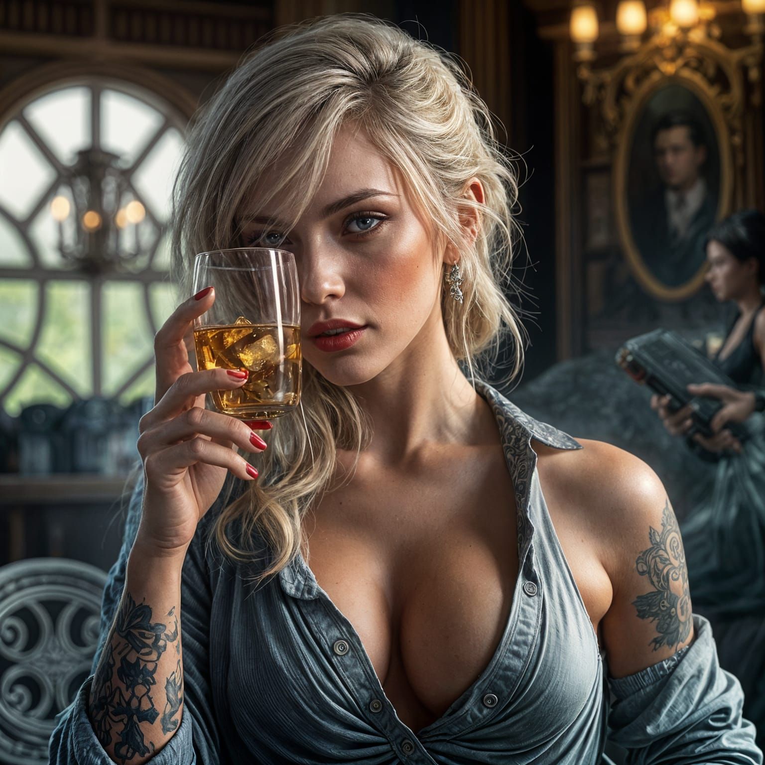 Elegant Woman Enjoys Whiskey in a Peaky Blinders-Inspired Se...