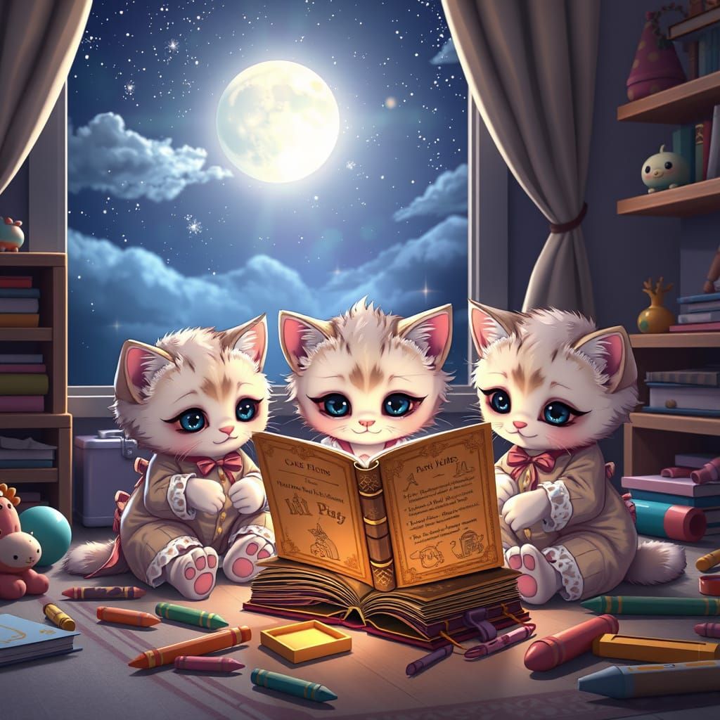 Chibi Kittens Read Fairytales in a Whimsical Bedroom
