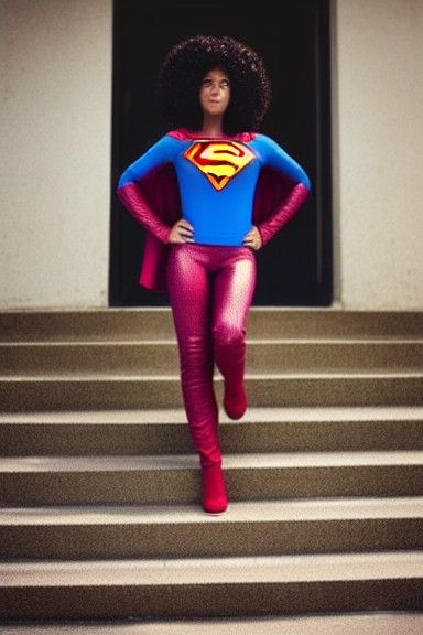 Afrofuturist Superheroine Relaxing on Apartment Steps