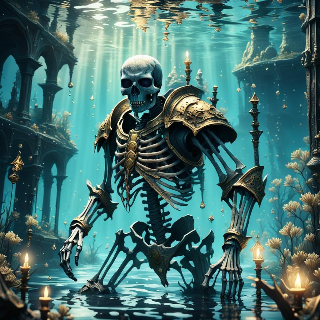 Eerie Underwater Skeleton Warrior in Medieval Armor