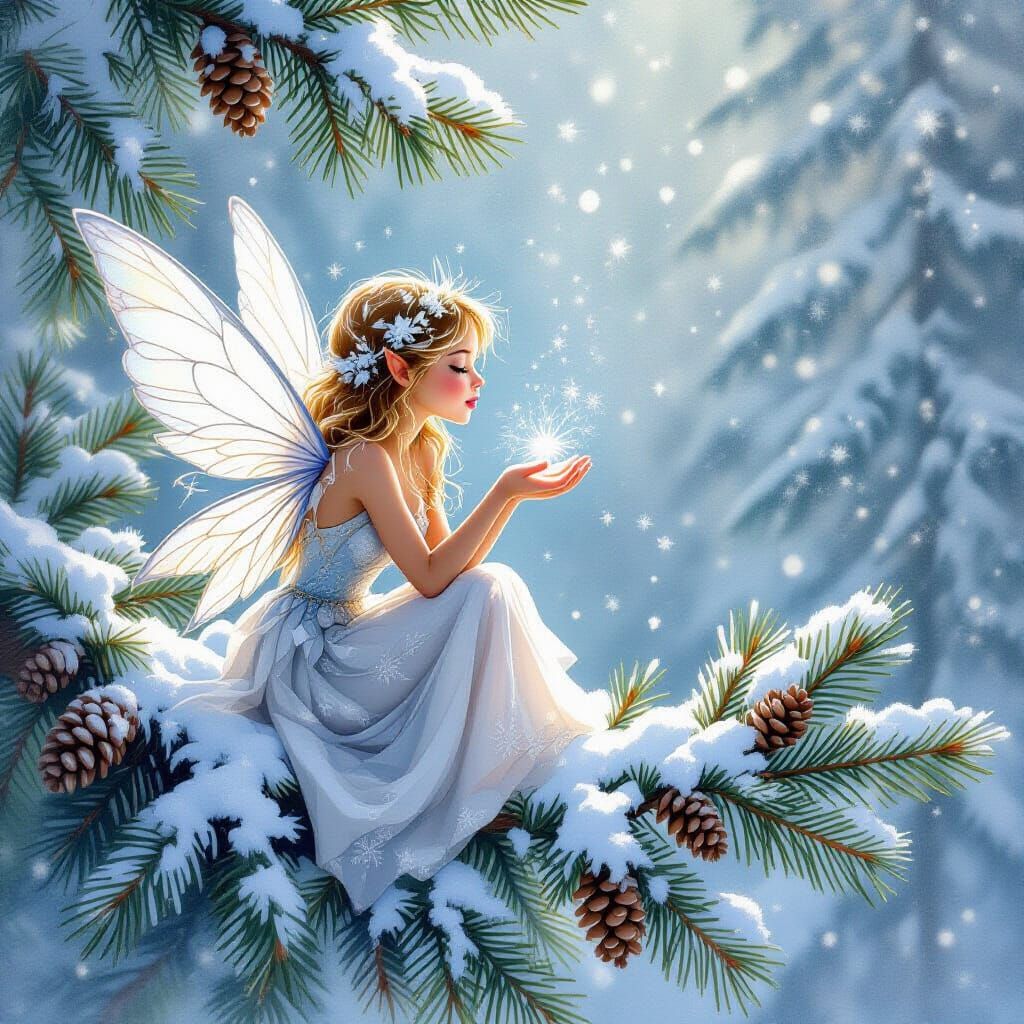 Fairy in Snowy Cedar Tree, Watercolour Style