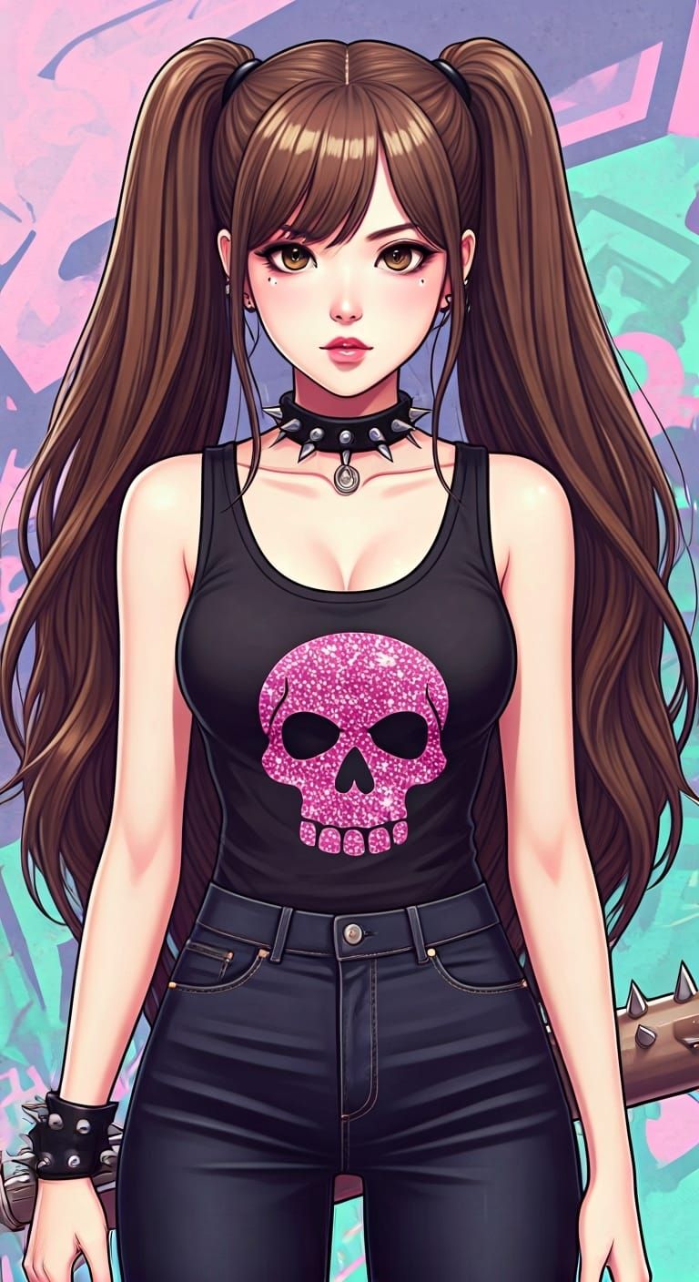 Feisty Woman with Spiked Bat in Shoujo Anime Style