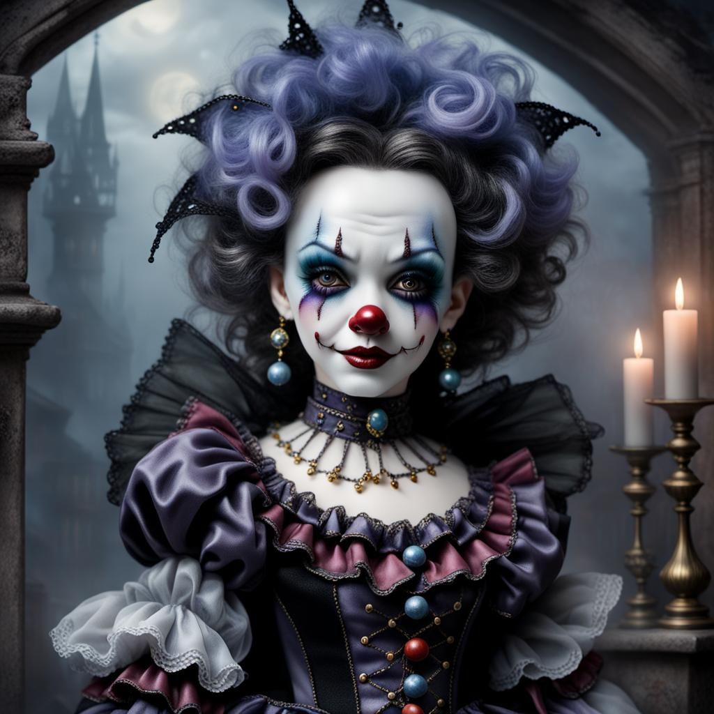 Ethereal Gothic Clown Doll in a Dreamy Landscape