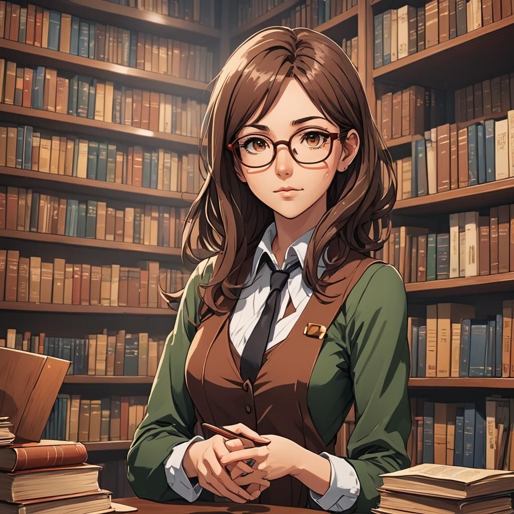 Librarian Girl in Cel-Shaded Anime Style