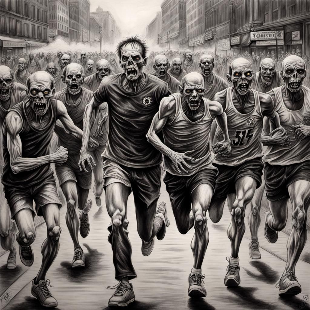 Zombie Runs Marathon: Hyperdetailed Charcoal Drawing