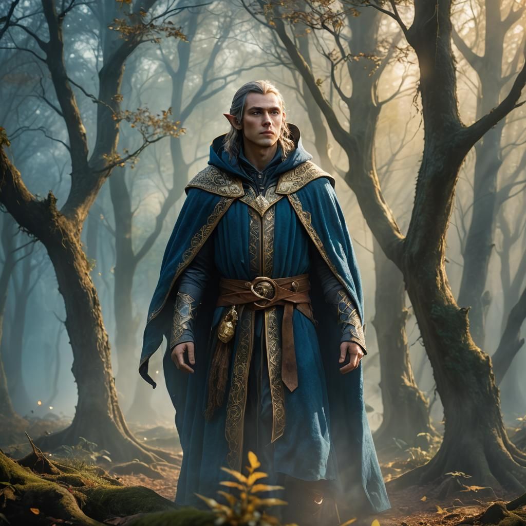 Elven Sorcerer in Misty Woodland, Fantasy Illustration