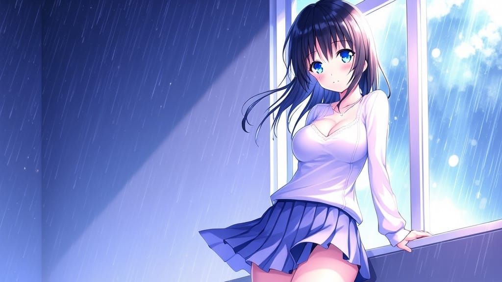 Anime Woman in Rain with Soft Pastel Colors