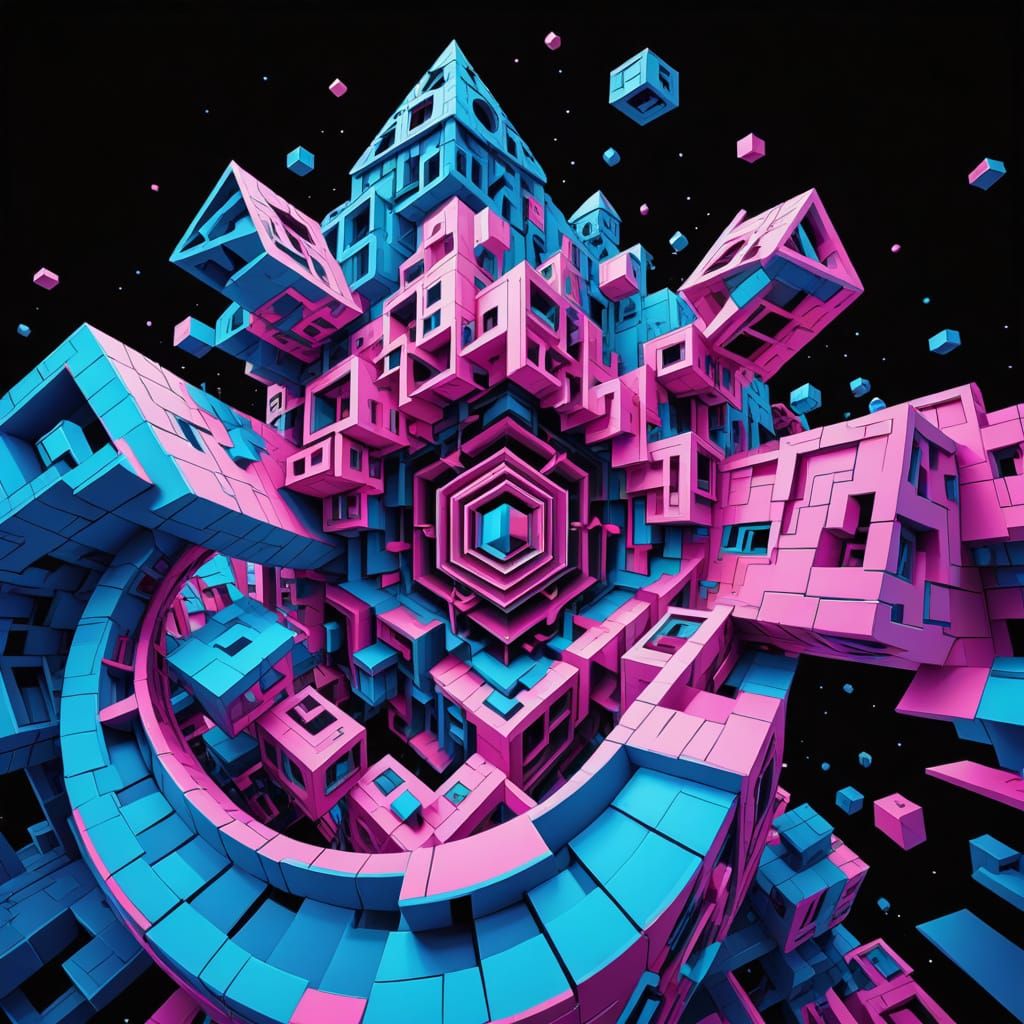 Surreal Geometric Artwork in Electric Blue and Neon Pink