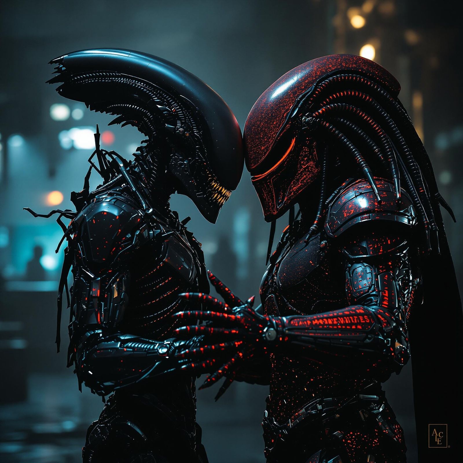 A Xenomorph Alien dancing a slow with a Praetorian predator.