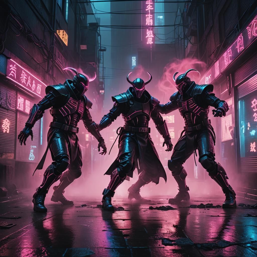 Cyberpunk Priests Wrestling in Neon Alley