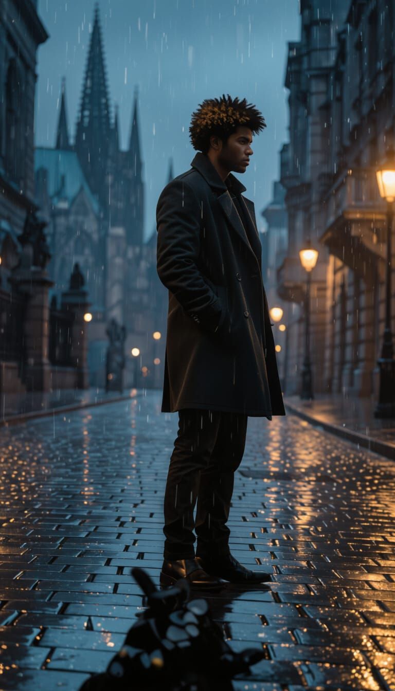 Cinematic Portrait of Man on Wet Cobblestone Street