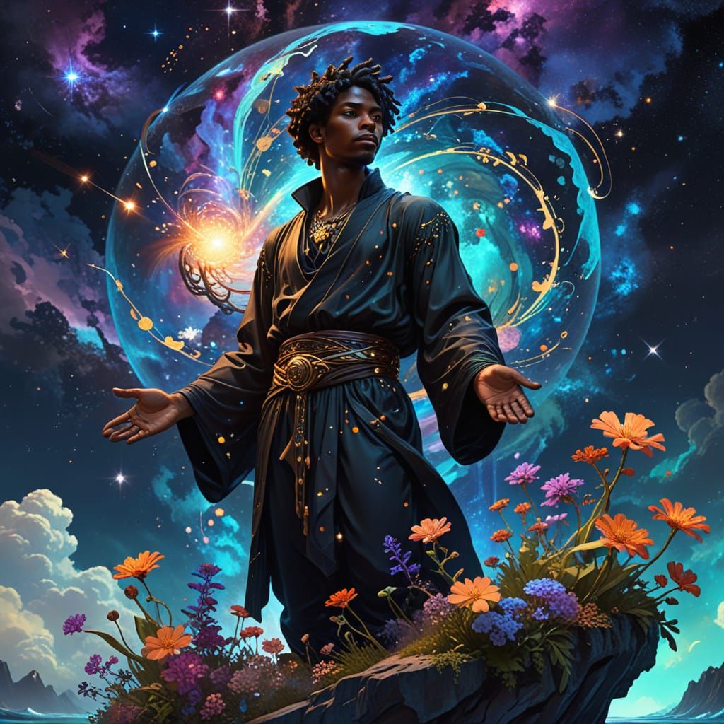 Black God of Water on Floating Island in Digital Painting