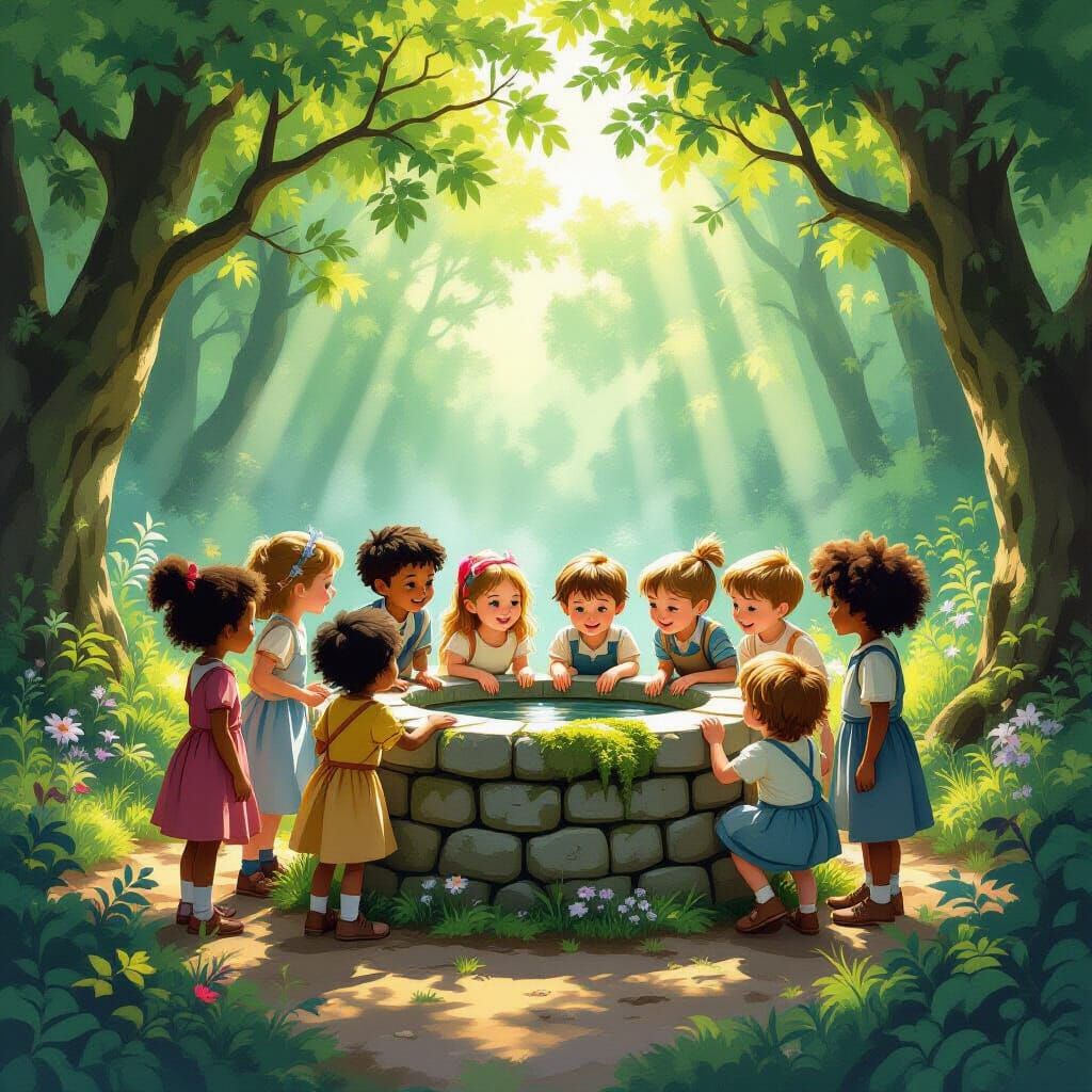 Diverse Children Discover Enchanted Forest Well