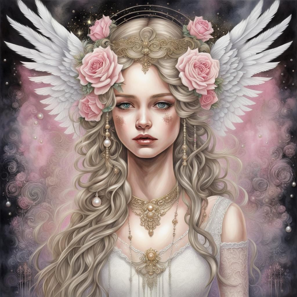 Gothpunk Angelic Girl with Halo and Wings
