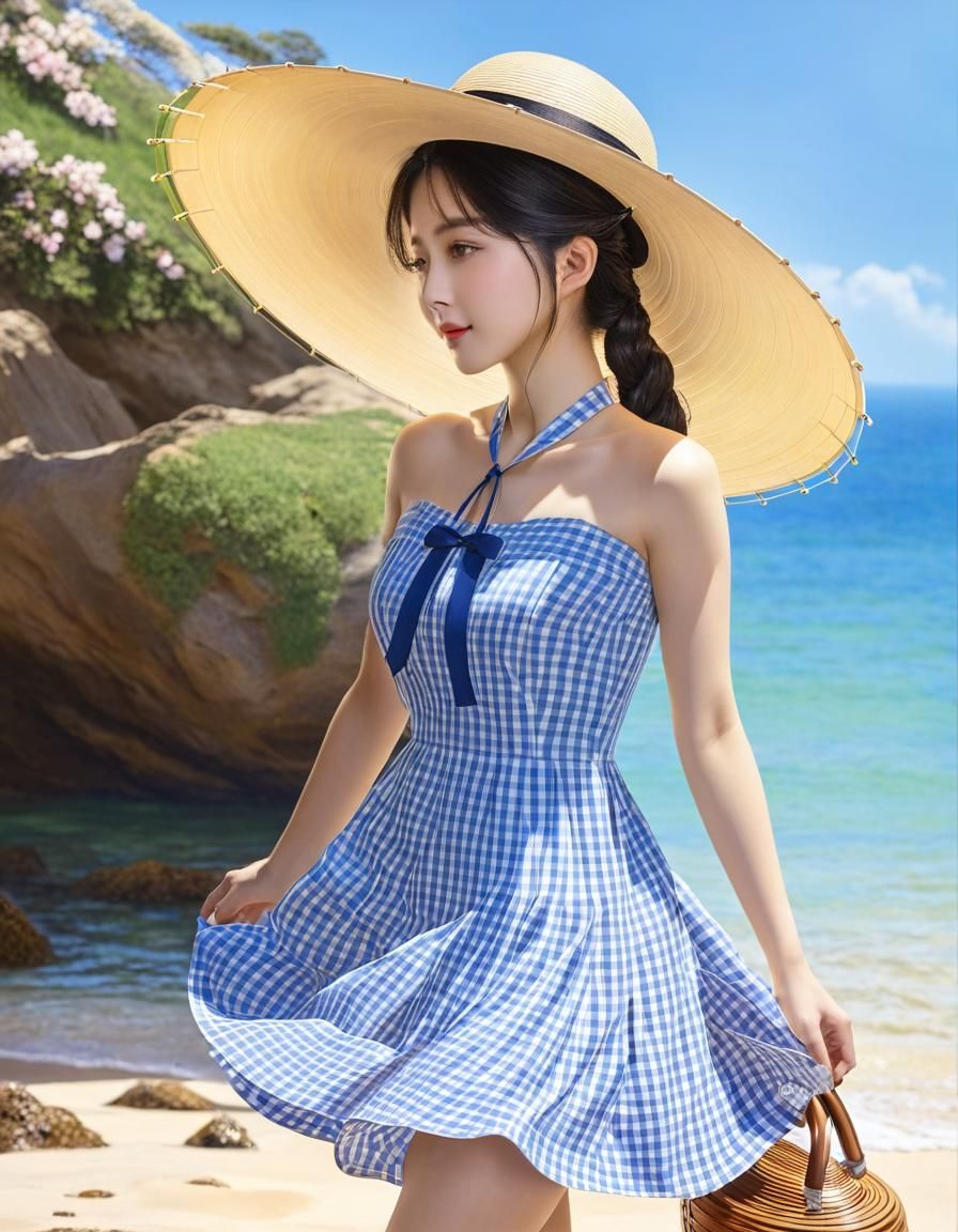 Japanese Woman on Beach in Watercolor Style