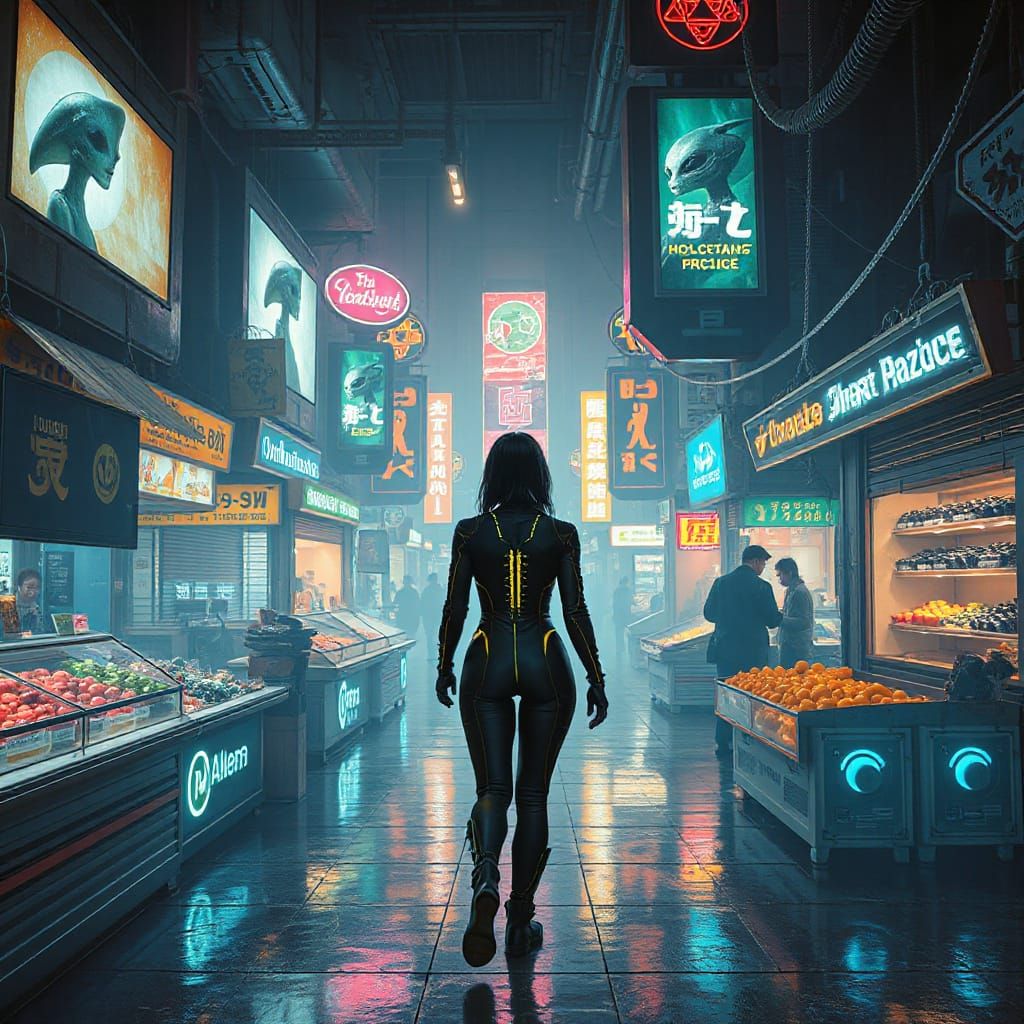 Cyberpunk Woman in Alien Marketplace, Cinematic Style