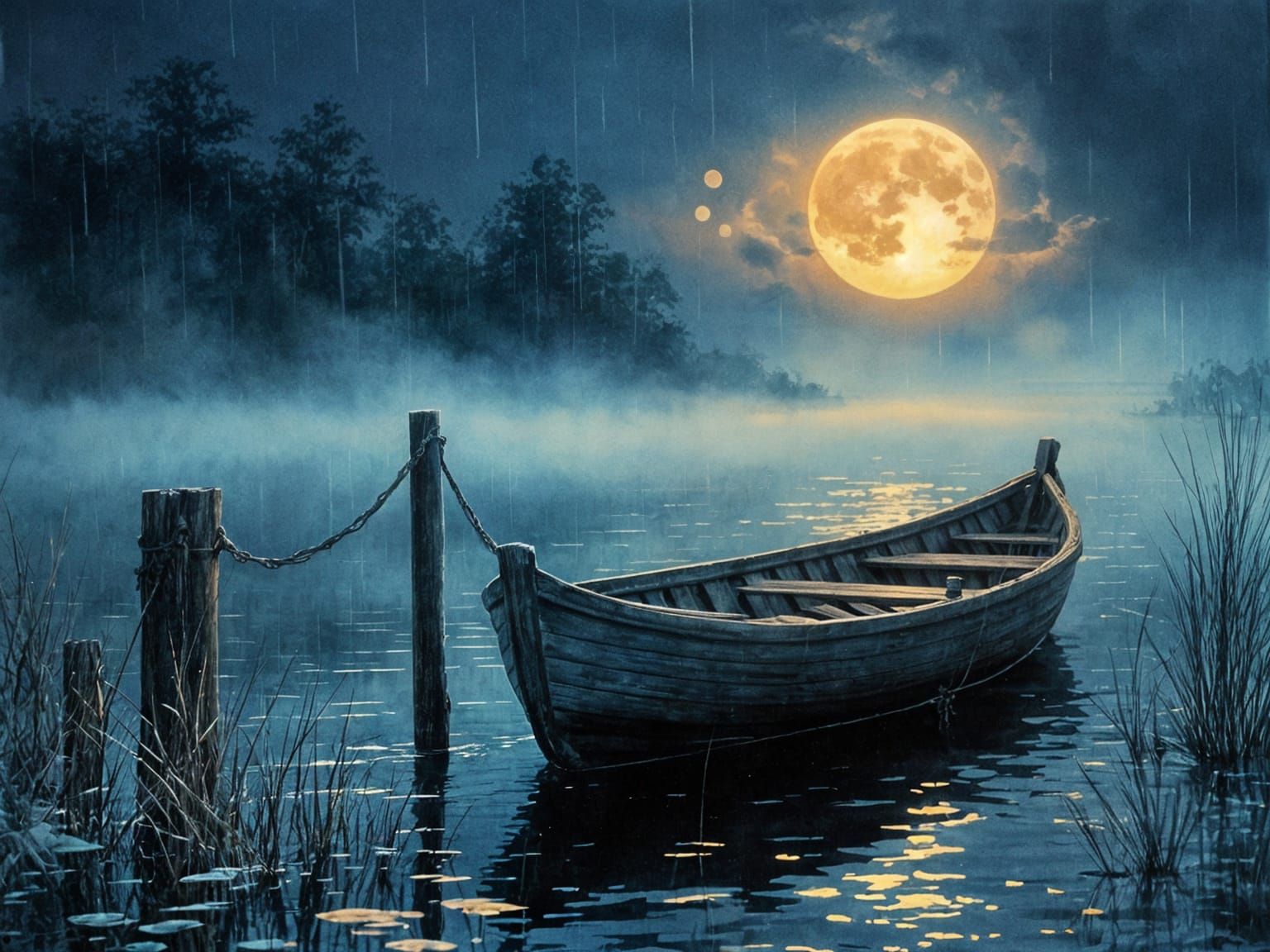 Serene Nighttime Scene on a Foggy Pond
