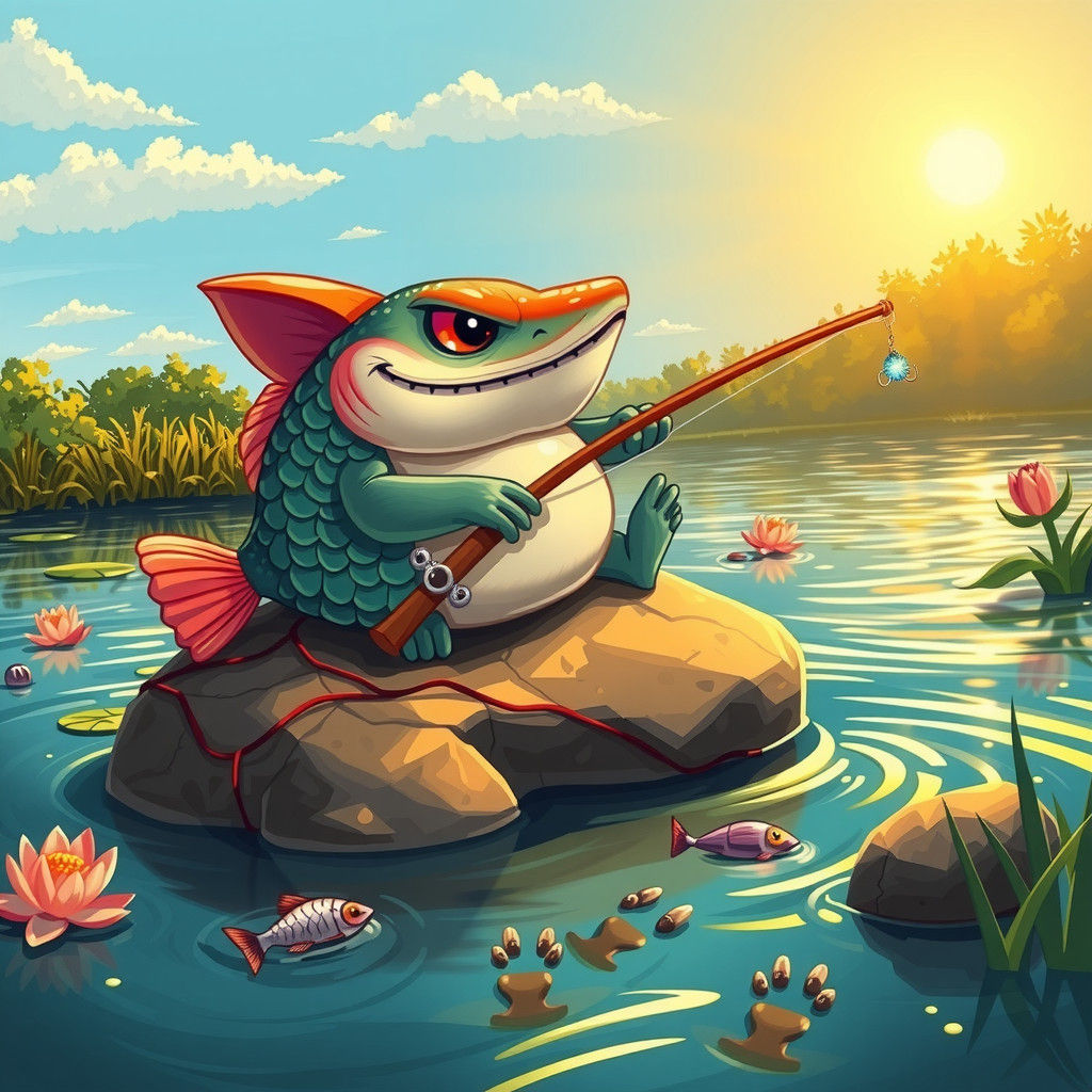 Whimsical Catfish Angler by Riverbank