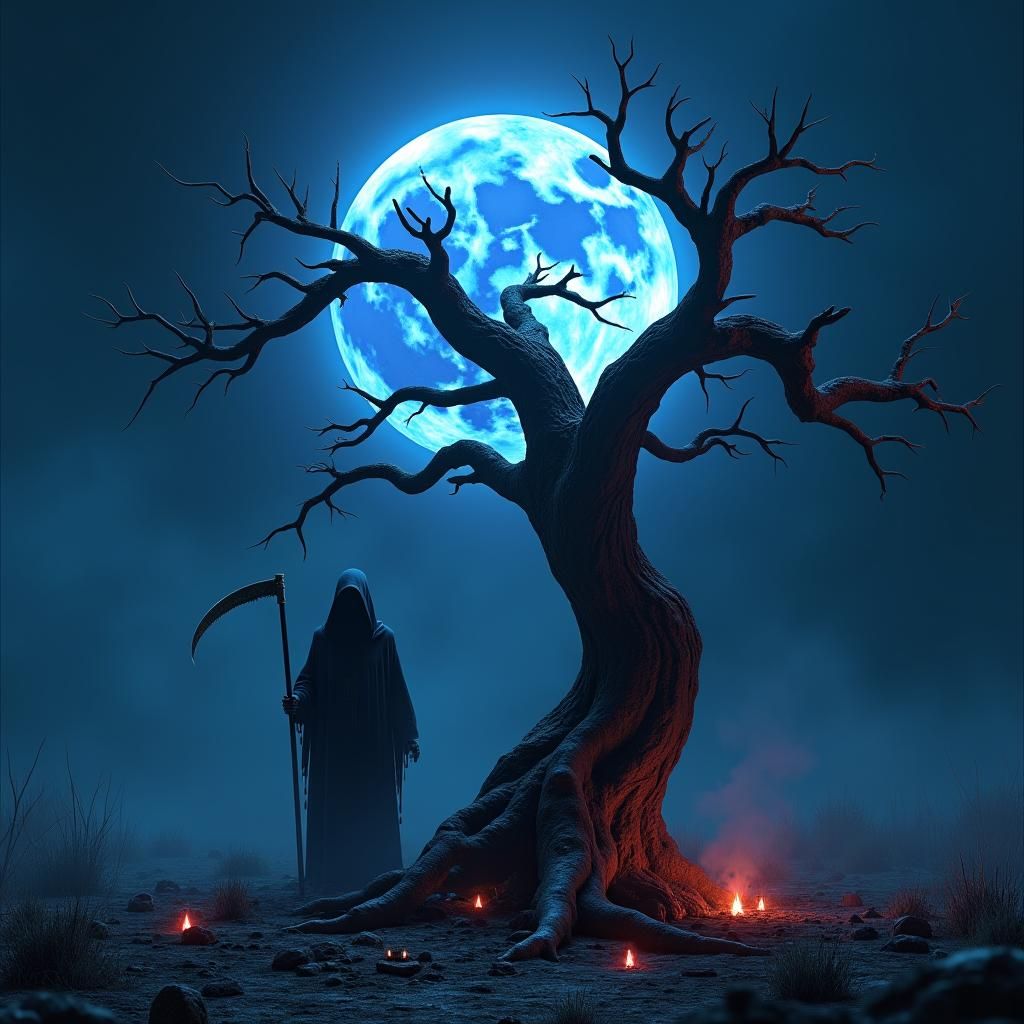 Grim Reaper and Dead Tree Under Blue Moon