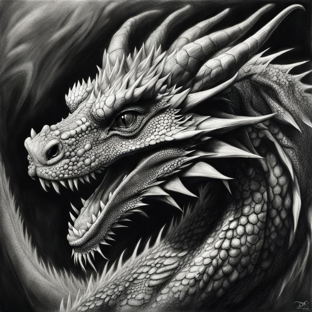 Detailed Charcoal Drawing of a Water Dragon