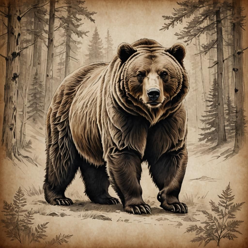 Grizzly Bear Sketch on Parchment Paper with Crosshatching