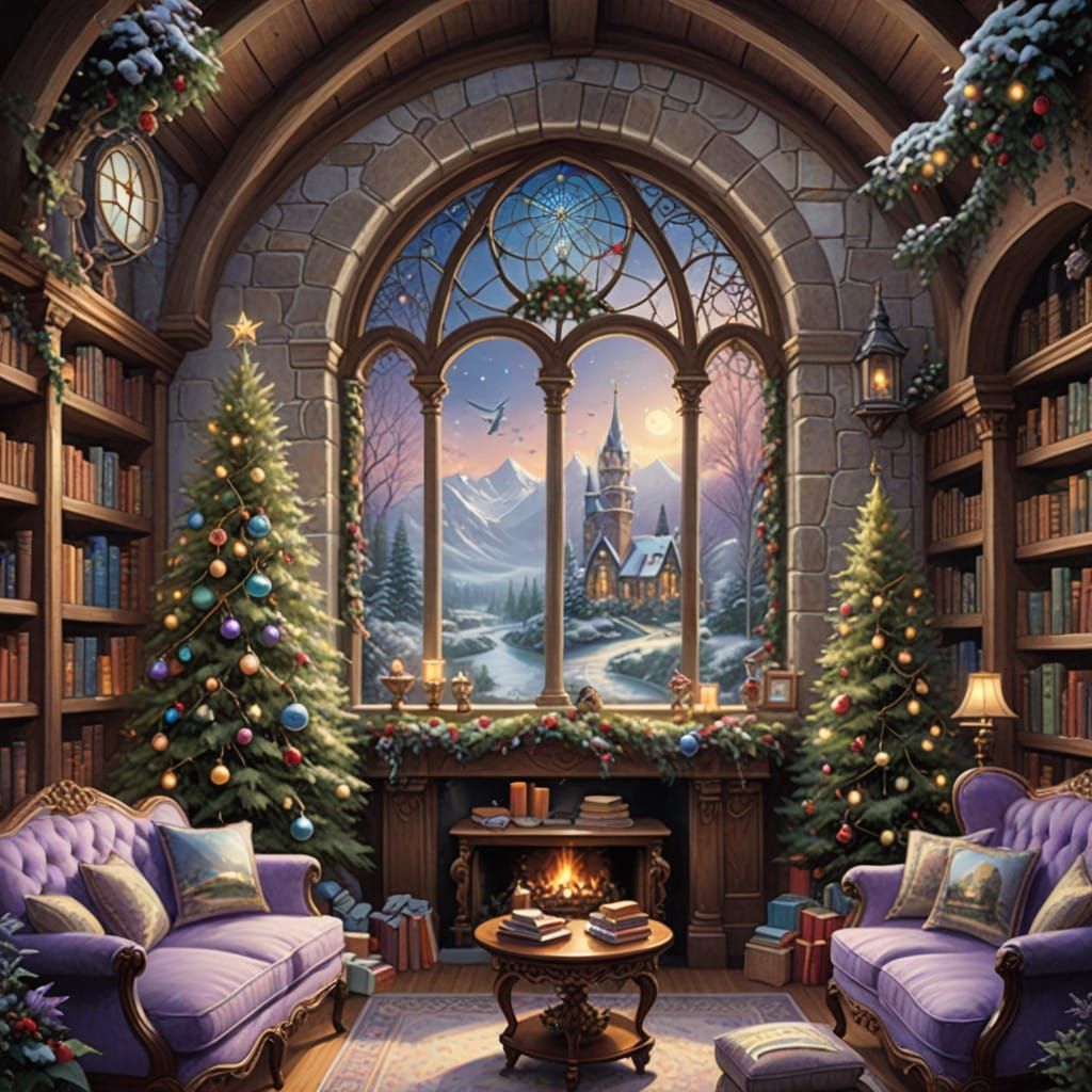 Whimsical Christmas Library at Twilight
