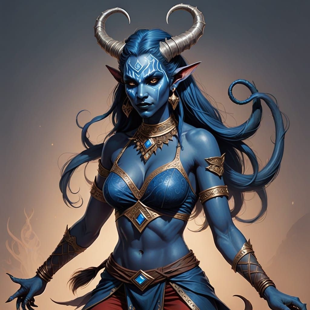 Tiefling Drow Dancer in Blue Horns