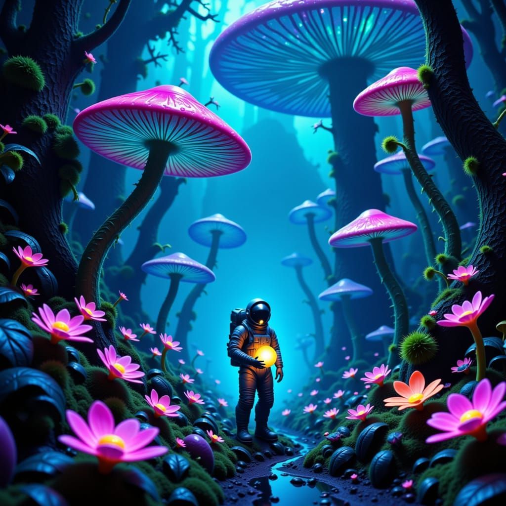 Astronaut Discovers Bioluminescent Alien Jungle Flora