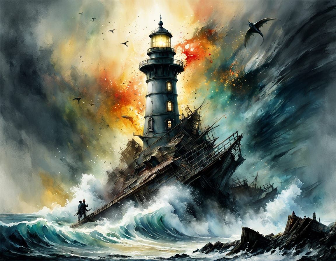 Kraken Demolishes Lighthouse in Watercolor Ink Art