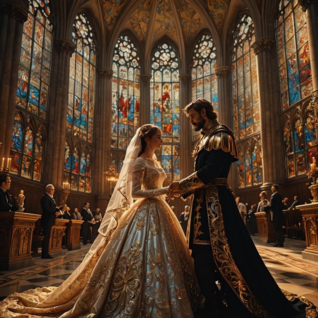Regal Couple's Vows in Ornate Cathedral, Baroque Style