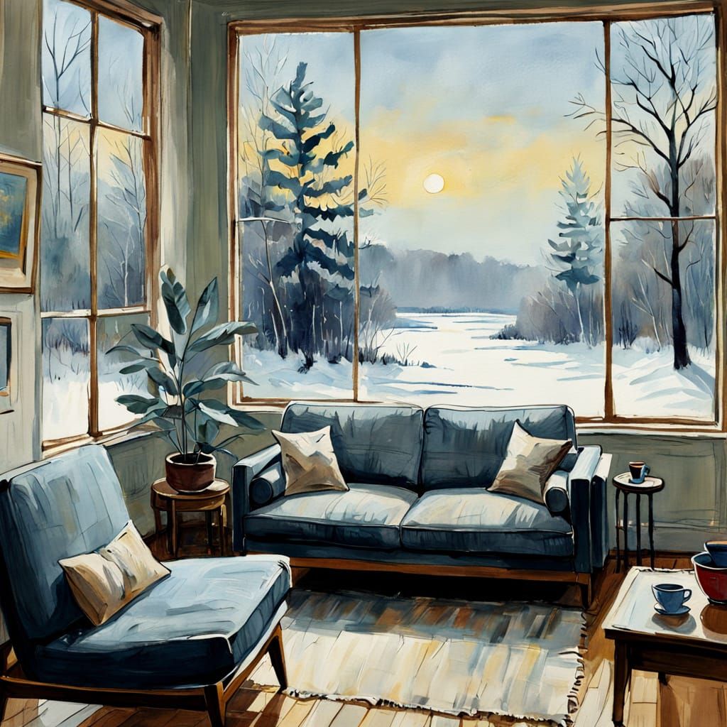 Winter Scene Through Frosted Glass in Watercolor Style