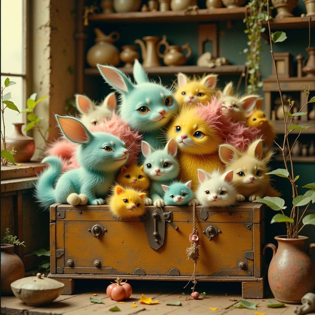 Pastel Fur Creatures in Toy Chest, 3D Render