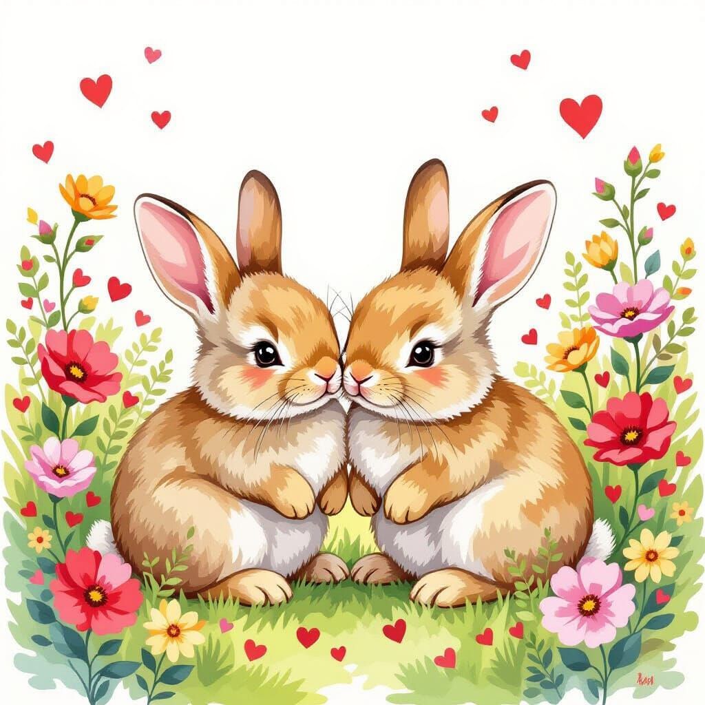 Whimsical Bunnies Surrounded by Flowers and Hearts