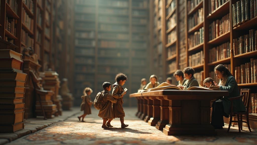 Miniature Scholars in a Grand Library, Cinematic Style