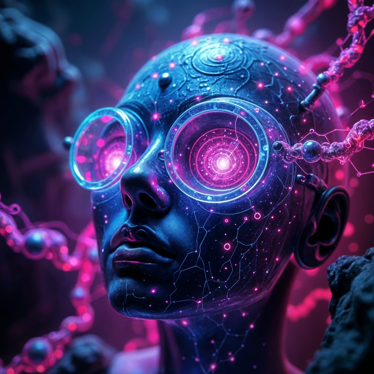 Cybernetic Being with Galaxy Eyes and Fractal Light