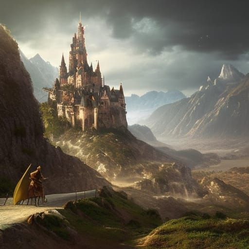 Epic Mountain Castle Guarded by Knight: Digital Painting