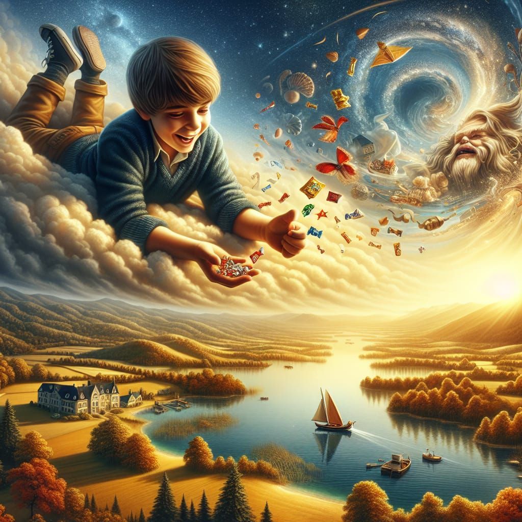 Boy on Cloud Tossing Candy Over Landscape