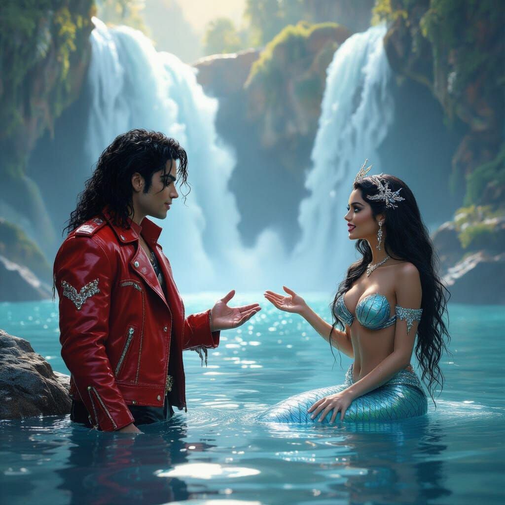 Michael Jackson Meets Mermaid by Waterfall in Matte Painting...
