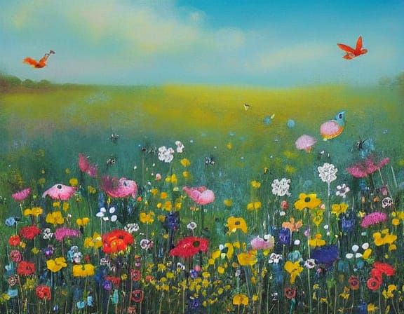 Birds in a Vibrant Flower Meadow Scene