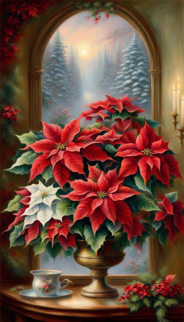 Victorian Christmas Poinsettias Still Life in Ethereal Style